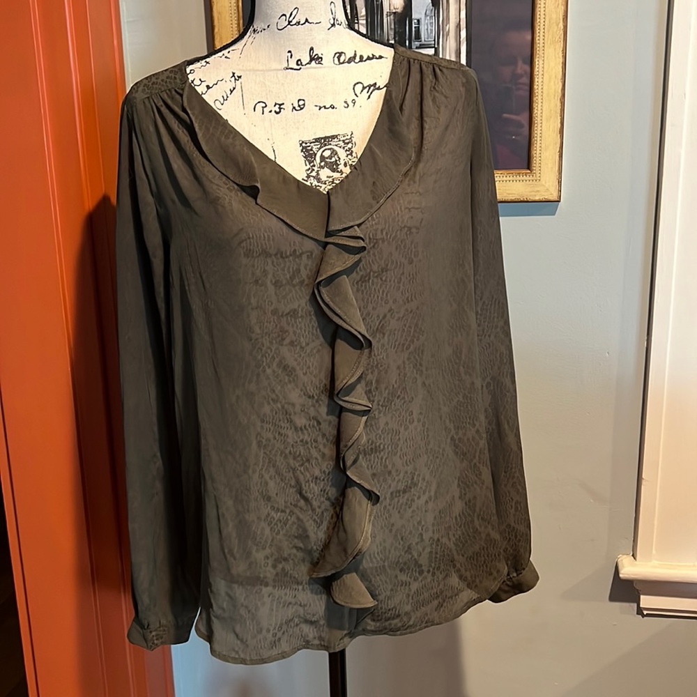 Skies Are Blue Olive Semi-Sheer Snakeskin Print Blouse (M)